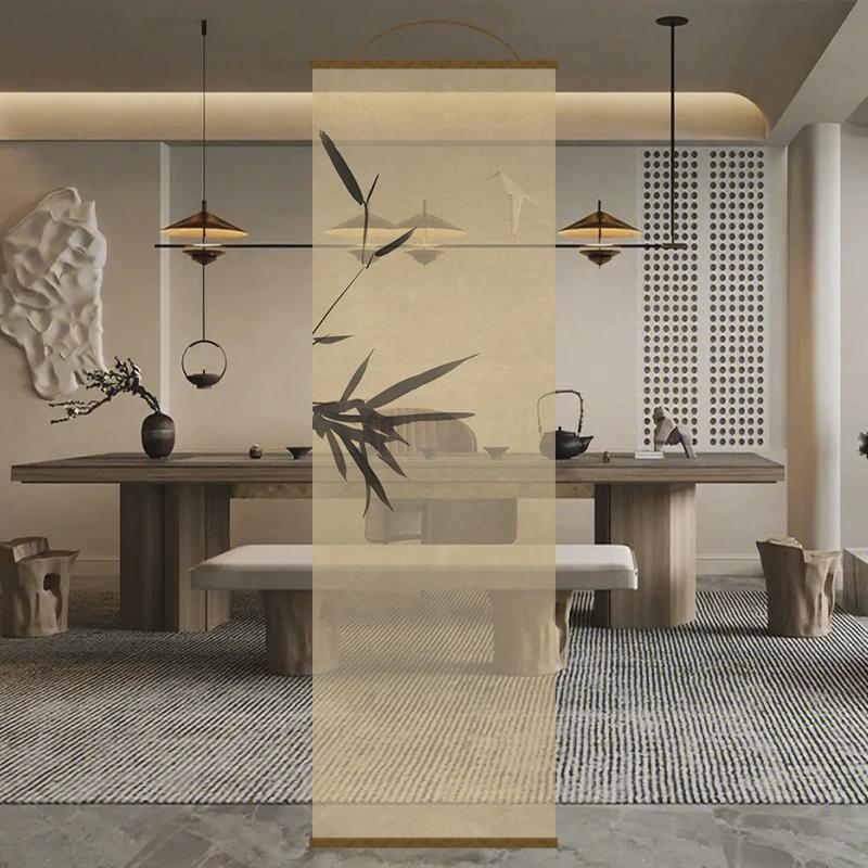 新中式水墨竹画双面透纱帘屏风纱卷帘隔断帘挂帘窗帘玄关透光景