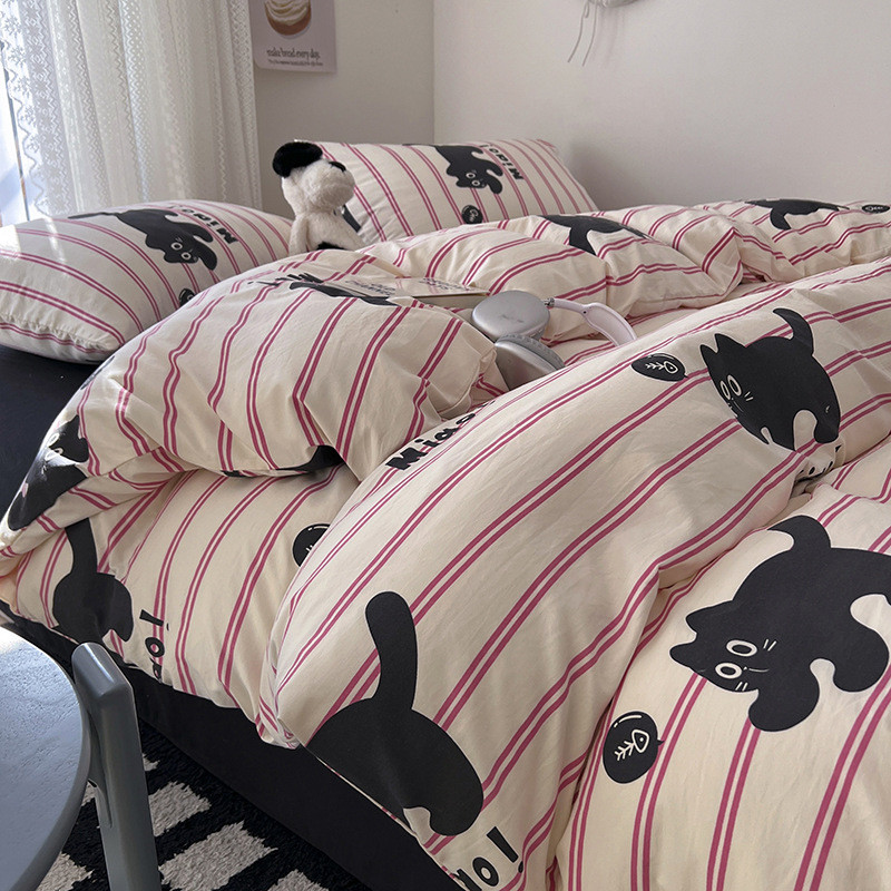 ins四件套卡通水洗棉款床笠床单被套宿舍三件套床上用品可机洗1.5