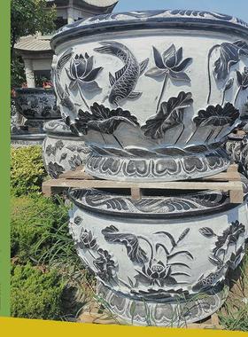 热销石雕青石鱼缸仿古荷花缸石头水缸庭院天青石鱼缸摆件