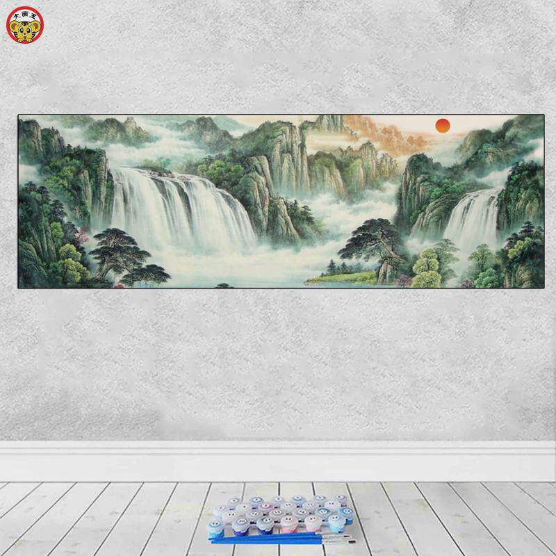 国画山水画办公室大气挂画中式流水生财diy数字油画客厅装饰画