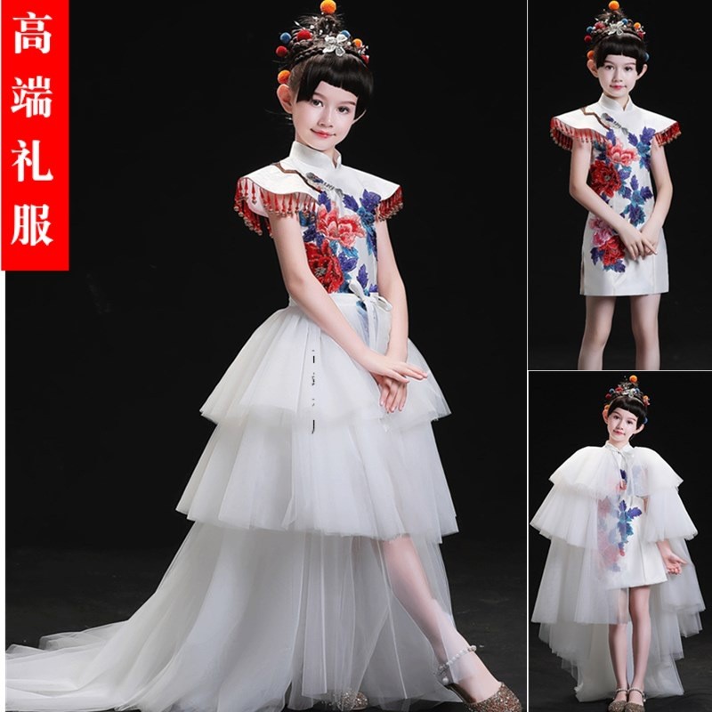 女孩礼服拖尾儿童旗袍童模走秀服装国风长款连衣裙国潮厂家