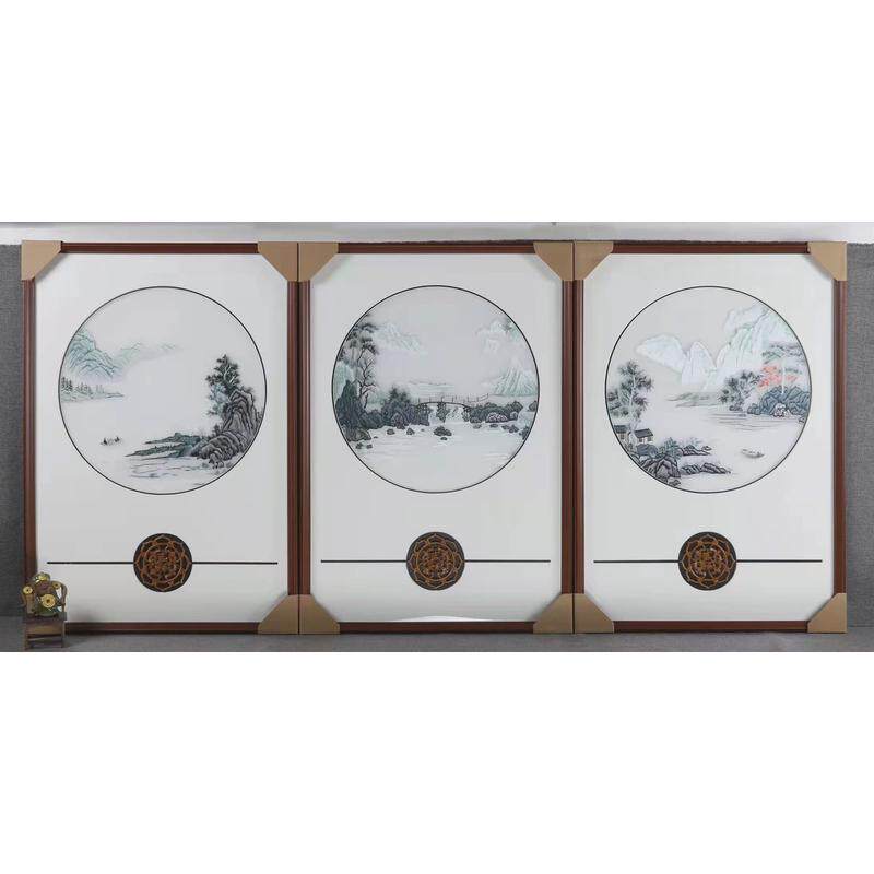 苏绣成品挂画透明丝娟刺绣新中式客厅三联带樟木苏绣装饰画