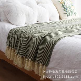 经典美式复古绿人字纹编织毯酒店民宿床尾巾床尾毯沙发毯床盖毯子