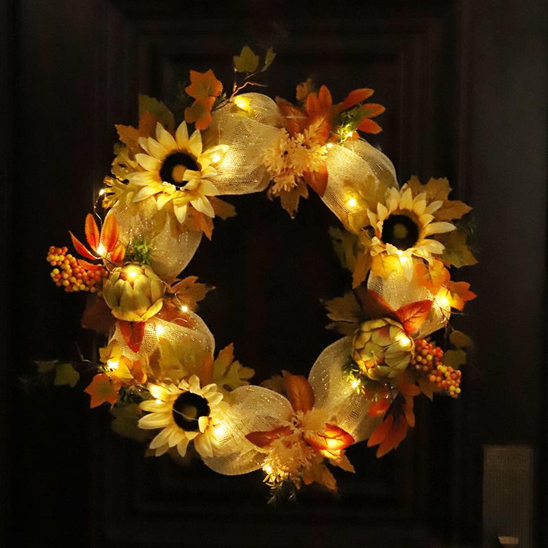 鸿禹感恩节丰收向日葵仿真节pvc花环挂件万圣节派对装饰带灯花圈