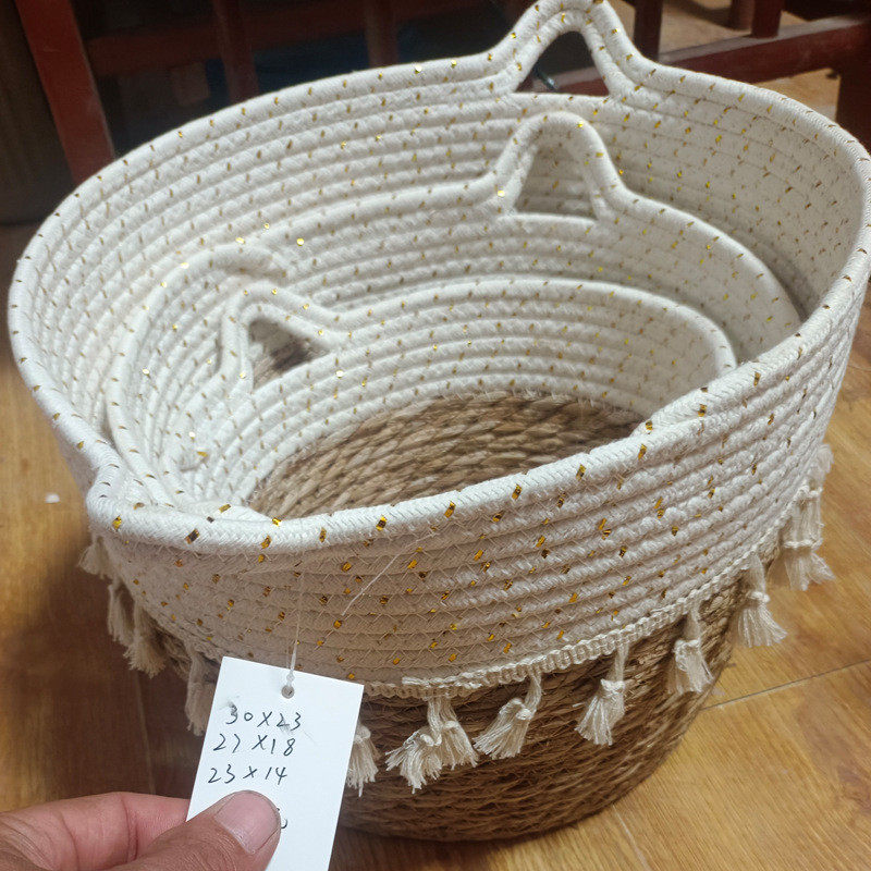 草编棉绳花盆带脏衣篓编织收纳筐家居装饰换洗衣物收纳筐流苏批发