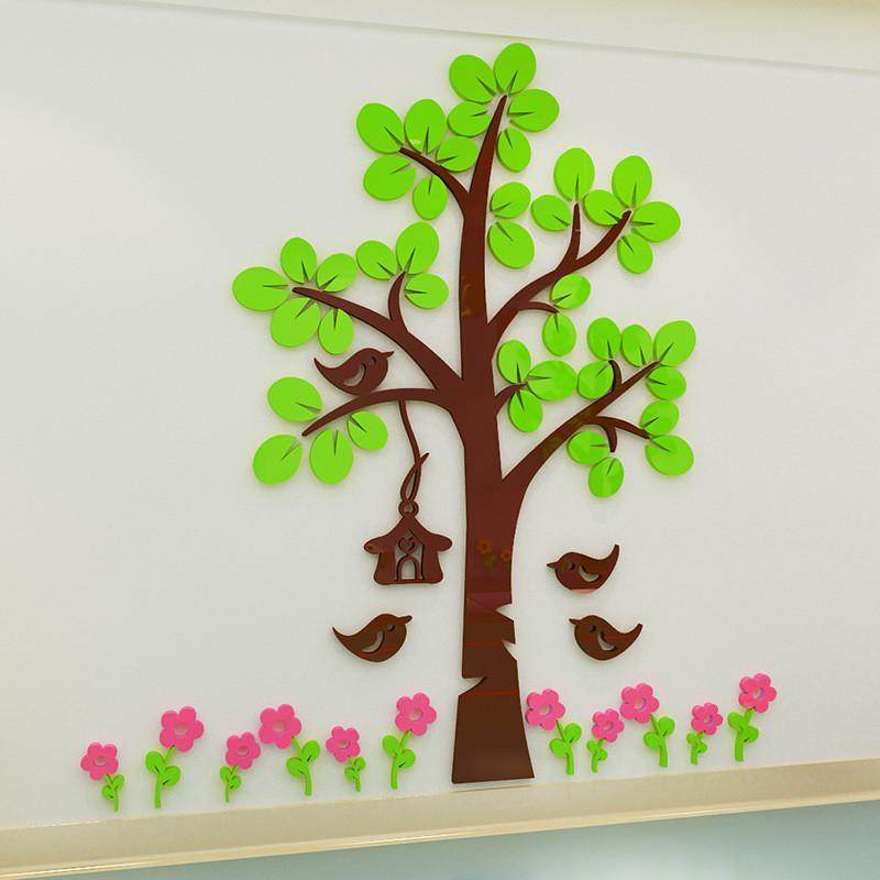 小鸟亚克力3d墙贴画卡通学校幼儿园立体绿树儿童房客厅卧室装饰