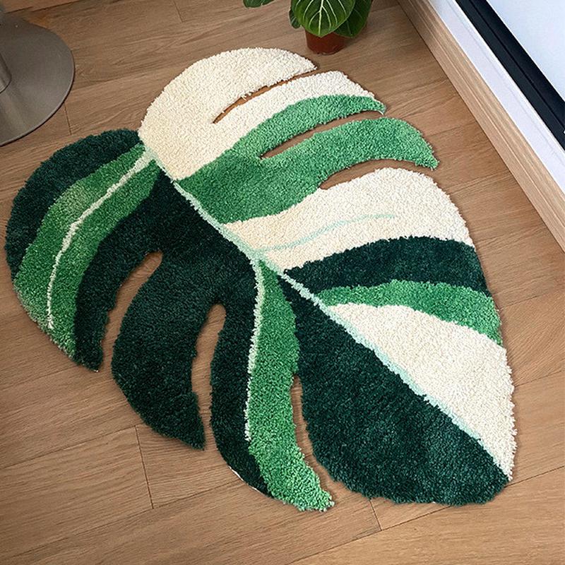 ins风绿植阳台植绒地毯簇绒玄关进门毯客厅叶子防滑吸水垫撸猫感