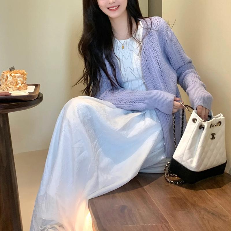 紫色镂空毛衣薄款外套女2024春夏简约温柔风开衫气质针织衫上衣