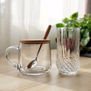 简约 玻璃杯ins花茶杯早餐杯带盖勺牛奶杯家用咖啡啤酒杯托盘套装