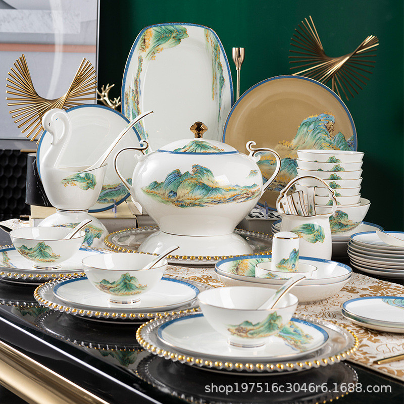 高档餐具套装碗盘家用景德镇骨瓷釉下彩新中式高端送礼乔迁碗碟碗