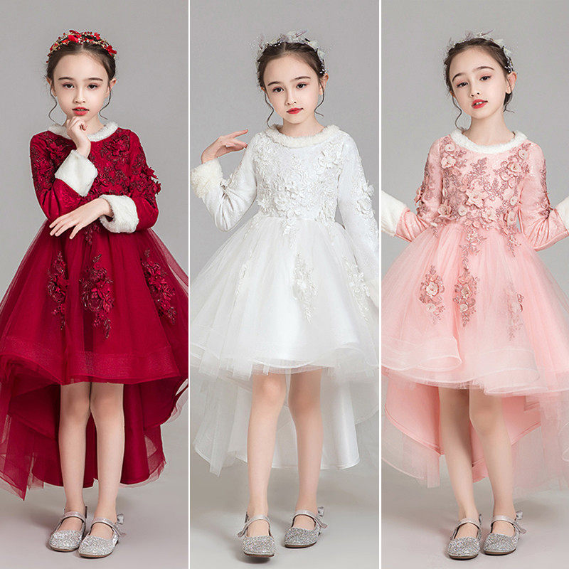 儿童礼服公主裙女童红色长袖加绒花童主持人钢琴演出服演奏秋冬季
