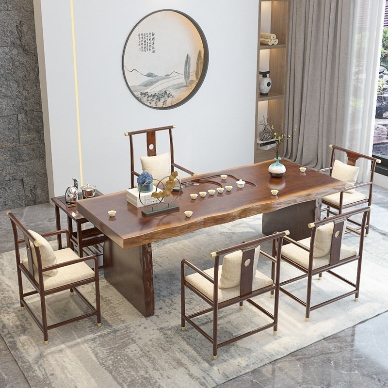 热销新中式茶桌大板原木家用客厅实木茶桌全套办公茶桌椅组合茶台