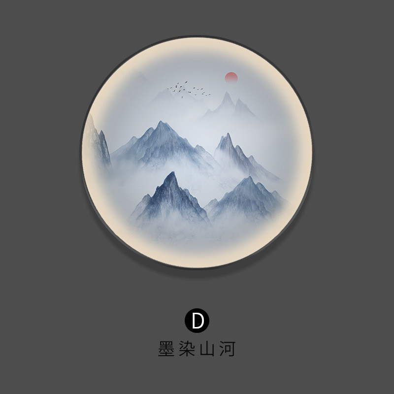 圆形山水画玄关灯带画led发光酒店风景挂画软装入户茶室书房中式