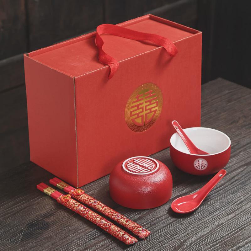 结婚敬茶杯茶具茶碗套装改口喜庆碗敬茶红色盖碗茶杯一对喜碗对碗