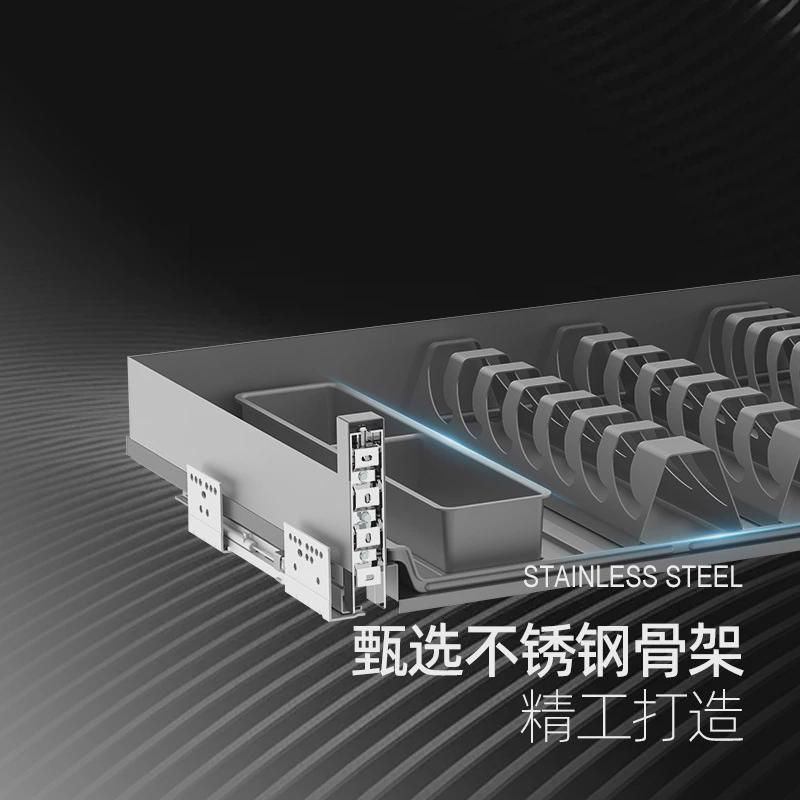 冠东拉篮厨房橱柜304不锈钢双层抽屉式碗架碗盘收纳橱柜碗篮内置