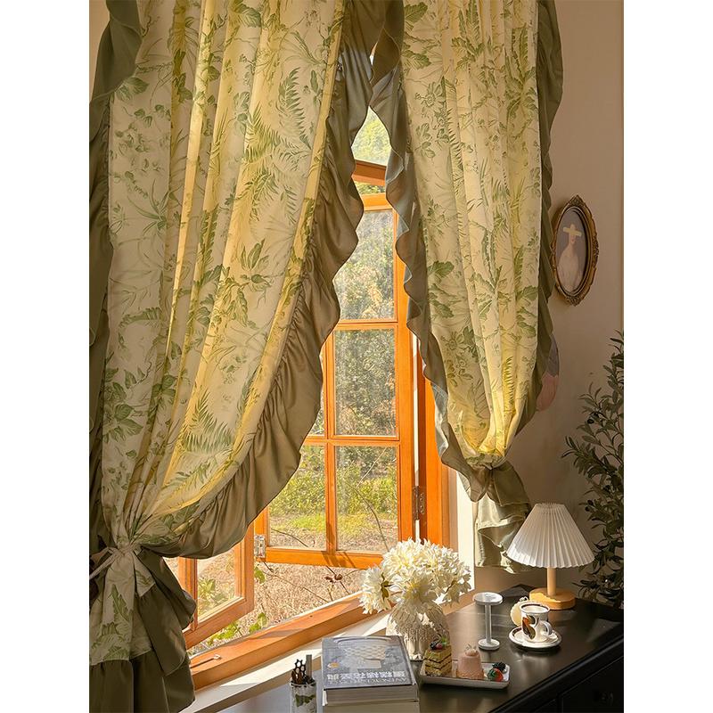 v3fp美式复古窗帘大气法式田园风抹茶卧室客厅半帘花边棉麻印花挂