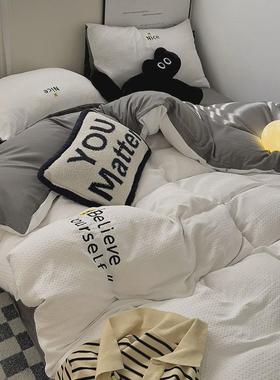 轻奢高级感墨绿色华夫格床上四件套简约北欧ins床品纯色床单被套4