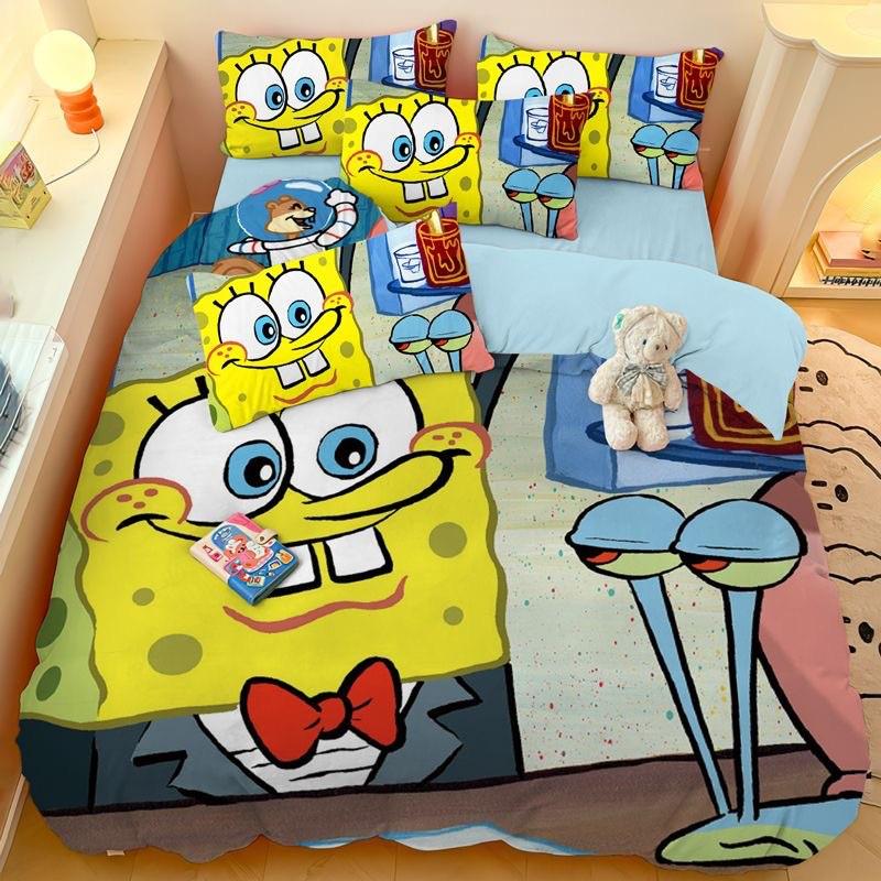 卡通儿童学生宿舍三件套亲肤磨毛四件套海绵宝宝单人床单床笠式