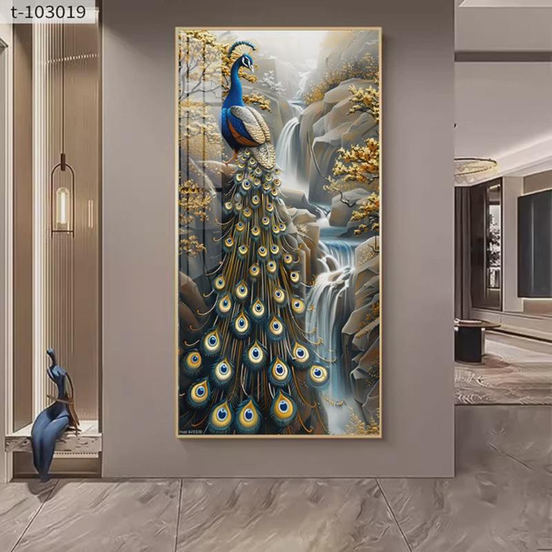孔雀玄关装饰画公寓进门走廊背景墙挂画新中式山水竖版酒店客厅画图片