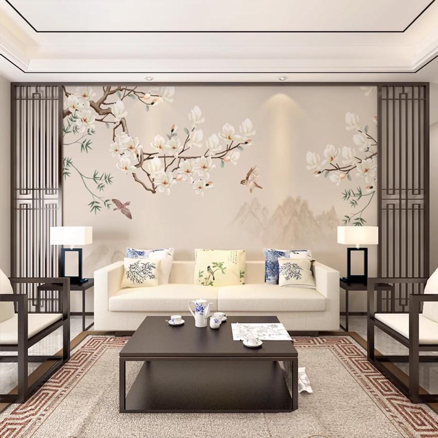2022新中式装饰卧室床头背景墙布花鸟壁画8D主卧暖色壁布墙纸壁纸