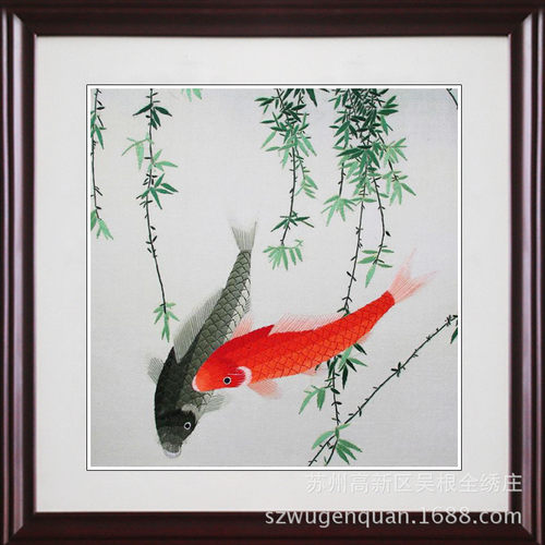 带生产苏绣成品客厅书房卧室厂家框装饰画苏州手工刺绣年年有余