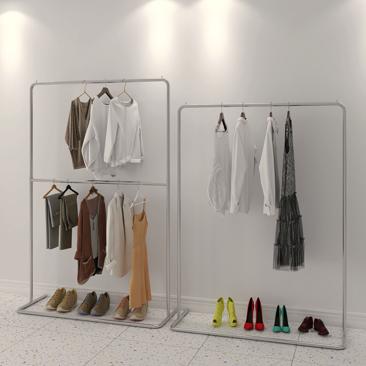 不锈钢双层货架服装店展示架童装店落地式衣架升降可调节挂衣架子