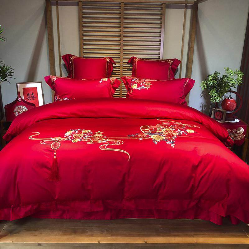 九喜狐婚庆家纺备婚结婚六件套100吉礼贡缎长绒棉鸳鸯刺绣花开支,床上用品,婚庆床品套件,淘宝优惠券,粉丝福利购,淘宝优惠卷