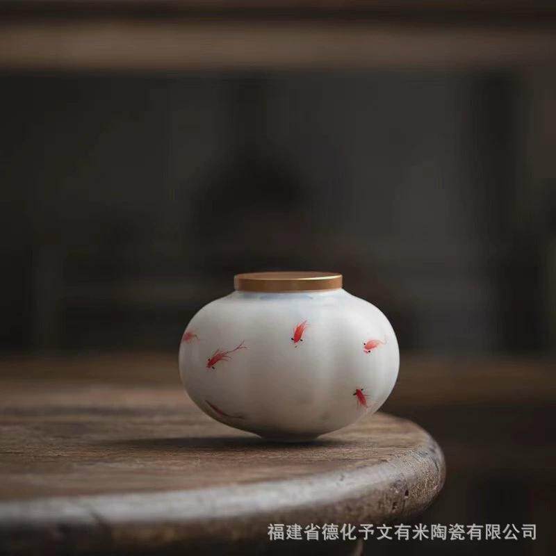 手绘鱼趣茶叶罐白汝窑陶瓷存储罐六角储物罐茶仓茶盒家用密封防潮