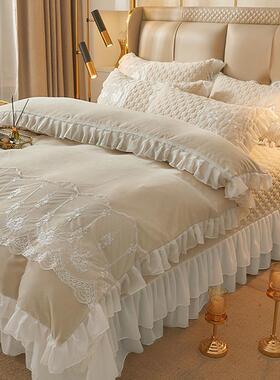 inc0韩版公主风款棉绗缝床盖夹四件套纯白色花边被套四季通用床上