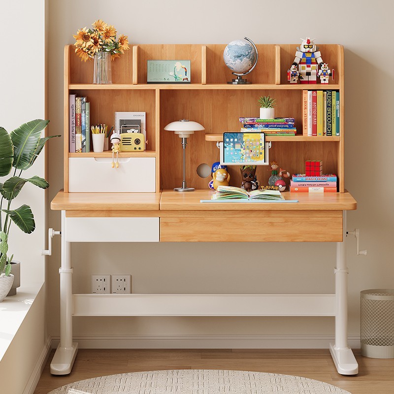 热销桌子儿童学习书桌家用多功能书架一体写字桌卧室学生手摇升降