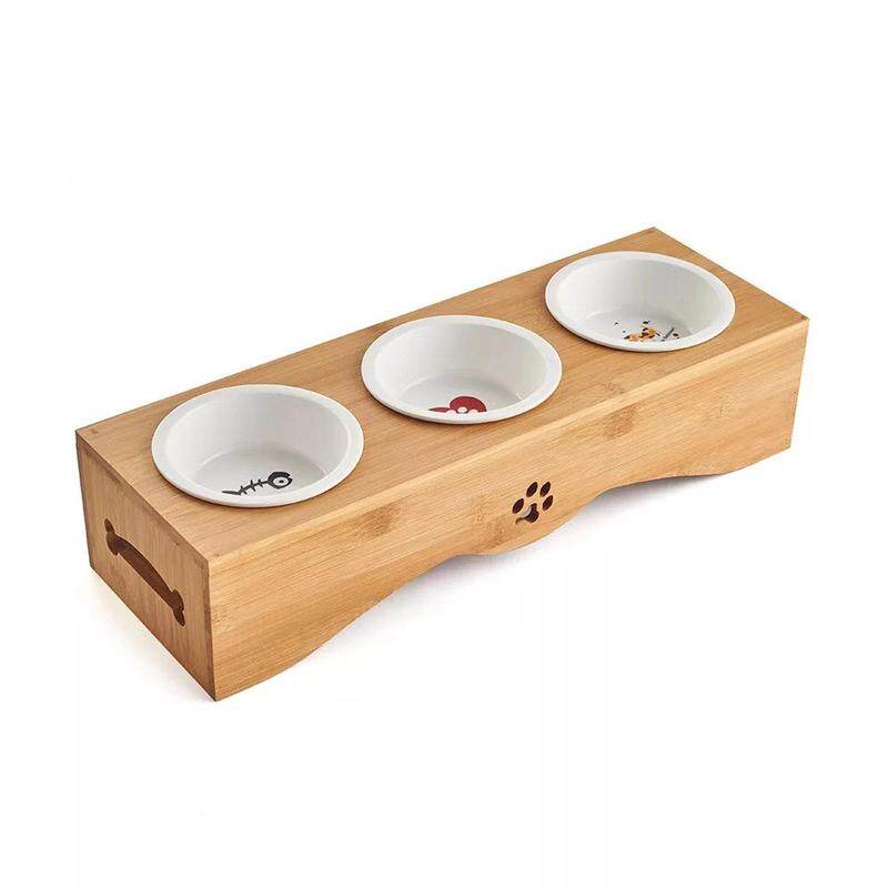 宠物用品猫咪宠物食具天然竹木餐桌三碗不锈钢碗陶瓷碗狗碗宠物碗