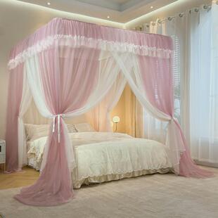 落地蚊帐家用卧室公主风床幔加密加厚双层撞色纱三开门宫廷纹帐