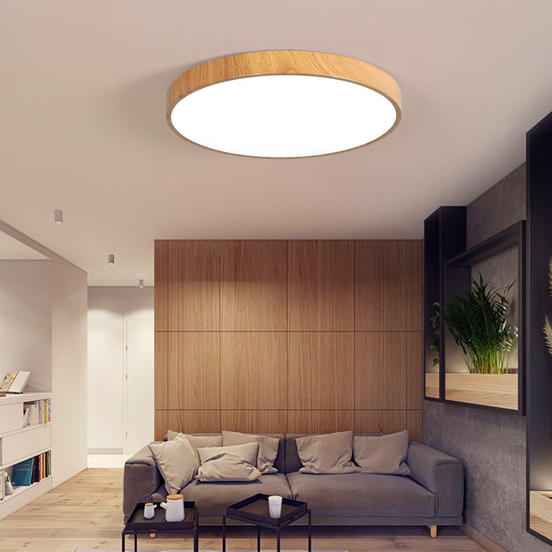 北欧超薄仿木书房吸顶灯圆形创意铁艺纹卧室灯简约客厅灯中山灯具