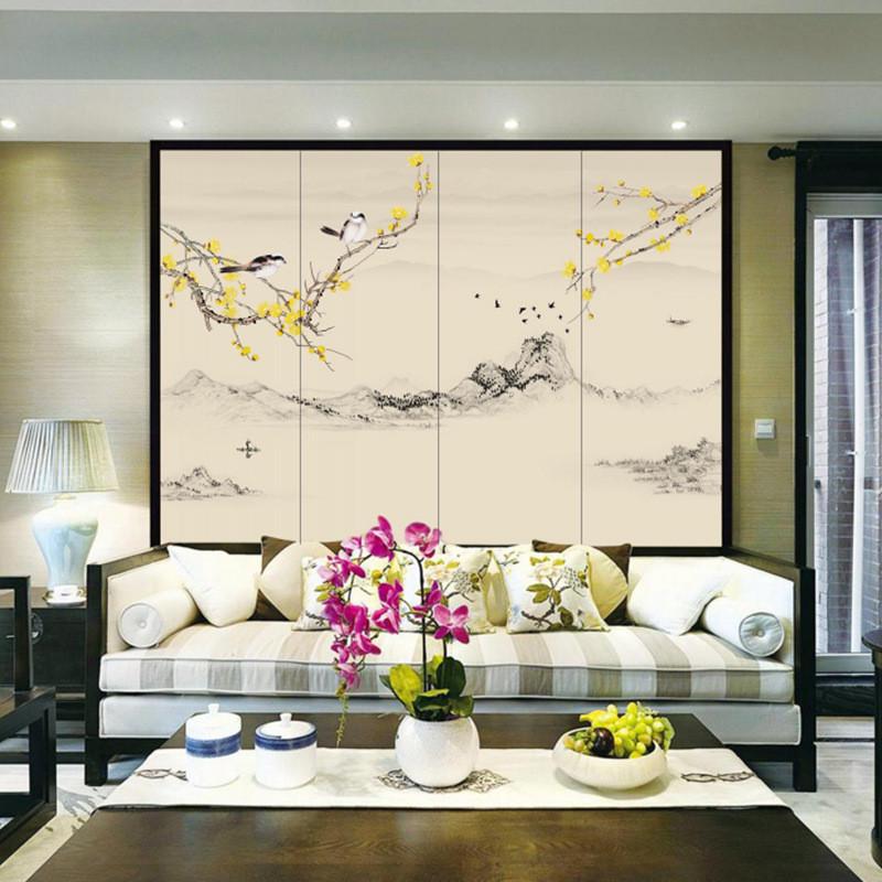 新中式高精密度刺绣硬包精致简美风山水风景画客厅电视背景墙墙纸