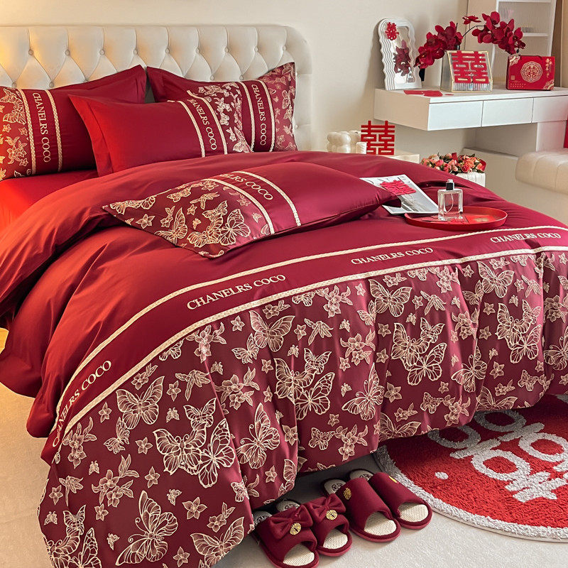 新中式结婚四件套酒红色纯棉被套被罩全棉床单陪嫁婚庆床品床笠款,床上用品,婚庆床品套件,淘宝优惠券,粉丝福利购,淘宝优惠卷
