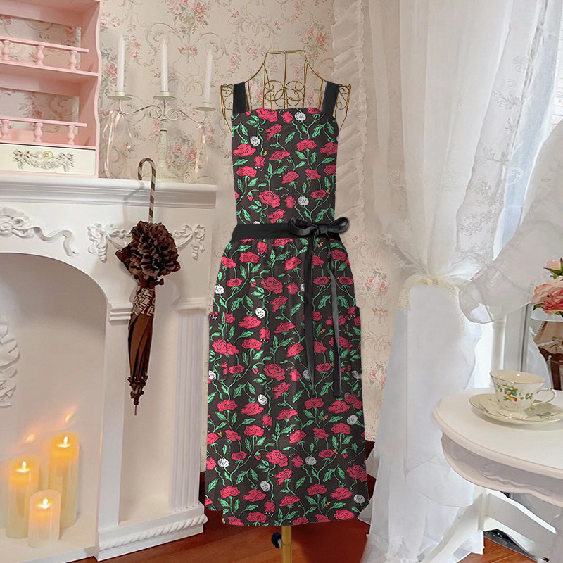 文艺复古厨房玫瑰花交叉背带式围裙居家长款高颜值罩衣可印字围腰