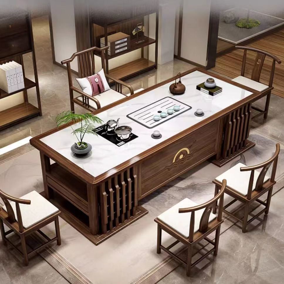 新中式实木轻奢岩板茶桌整套高档茶桌椅组合办公室功夫泡茶台套装