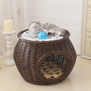 凉窝狗窝柳编猫屋猫别墅房子小型犬窝四季 藤编猫窝夏季 通用可拆洗