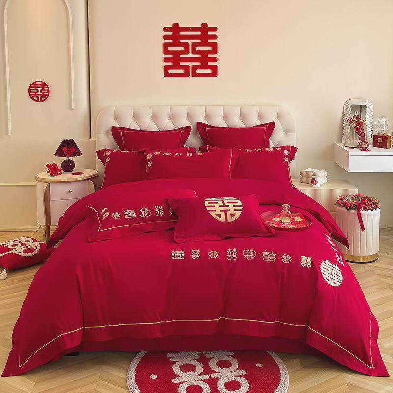 高档结婚中式大红色刺绣床上用品四件套龙凤新婚陪嫁婚庆床单被套