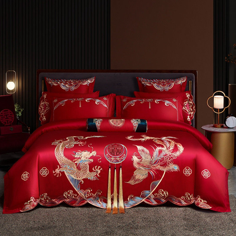 100支长绒棉婚庆四件套全棉刺绣纯棉大红色婚房龙凤结婚床上用品4,床上用品,婚庆床品套件,淘宝优惠券,粉丝福利购,淘宝优惠卷