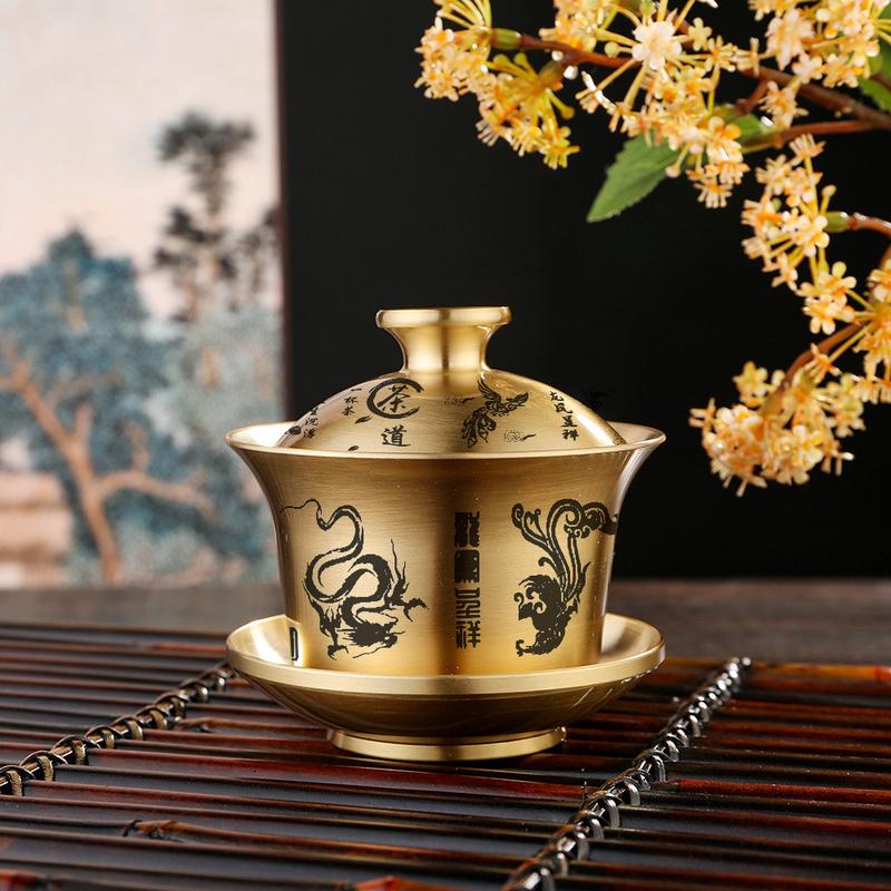 黄铜激光百福盖碗三件套创意茶道摆件日常送礼茶盏风宫廷龙凤茶杯