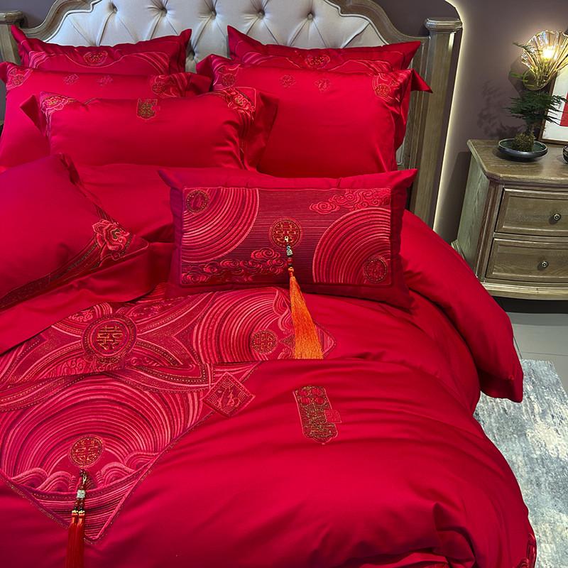 九喜狐婚庆家纺红色被套结婚床上用品备婚四件套100全棉婚房布置