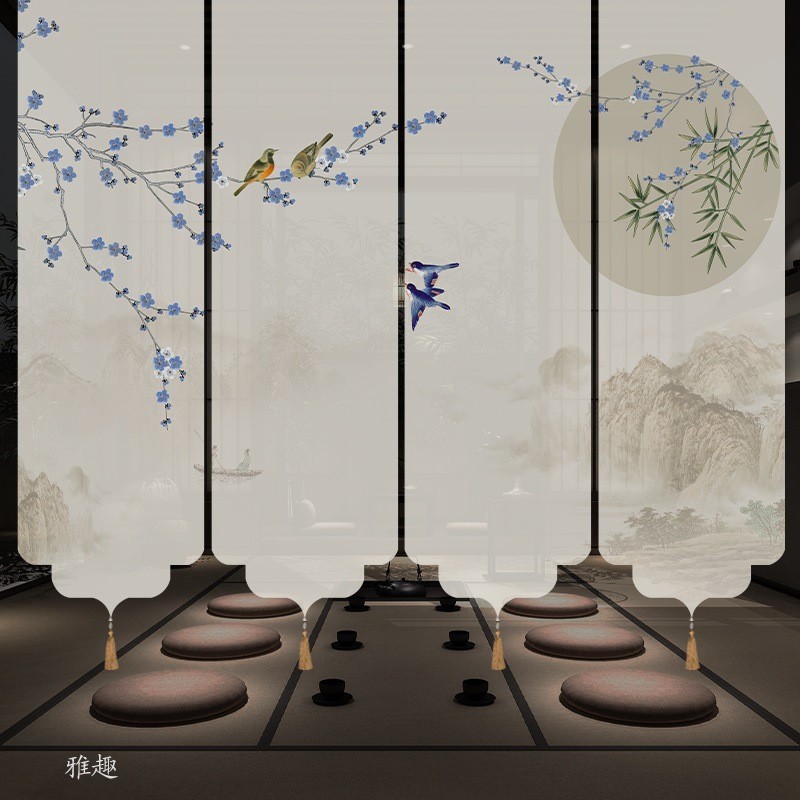 新中式门帘国风山水画玄关茶室纱帘半透景卷帘垂挂隔断屏风遮挡帘