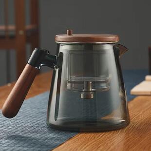 泡茶杯全玻璃内胆侧把胡桃木茶水分离过滤飘逸杯泡茶壶家用冲茶器