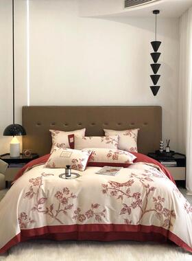 2eie法式新婚庆长绒棉四件套品结婚床红色花鸟刺绣婚嫁喜被1.8m