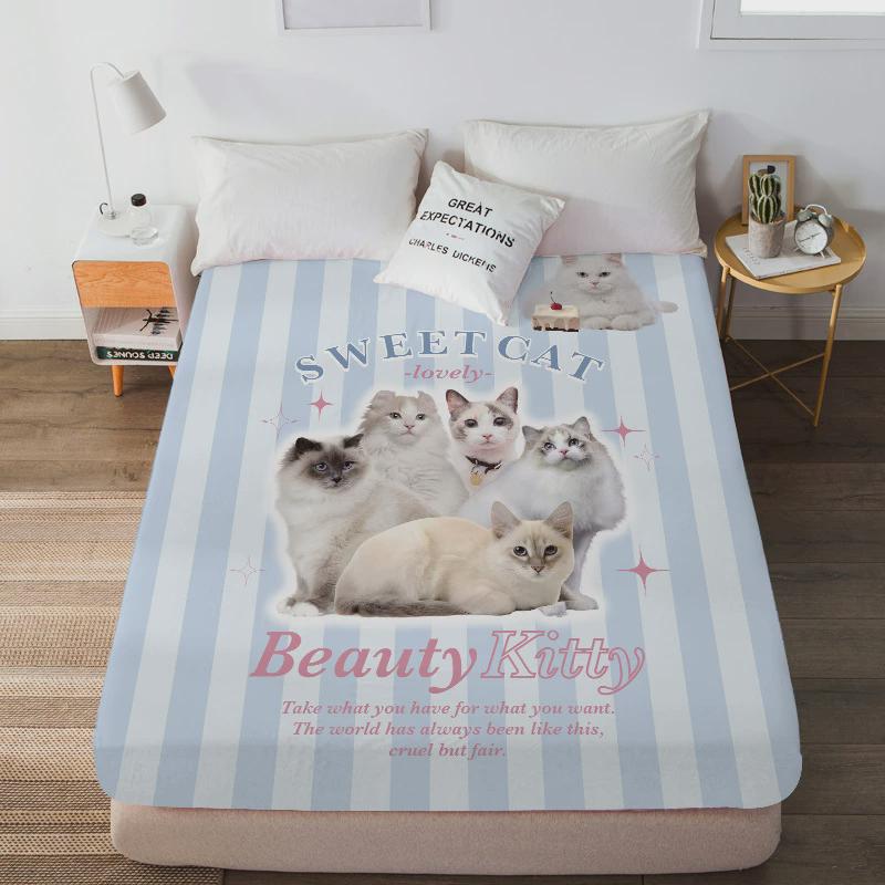 卡通可爱猫咪星球床笠单品防滑固定床罩猫猫保护套床垫防尘全包边