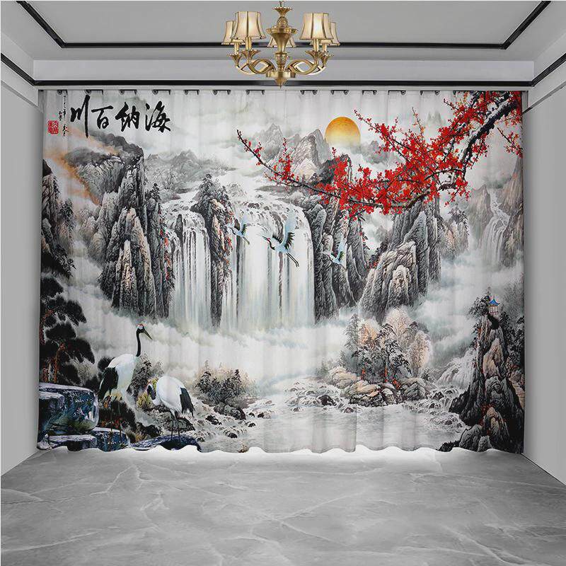 隔断帘山水画窗帘布遮光2024新款国风茶室办公客厅风景新中式屏风