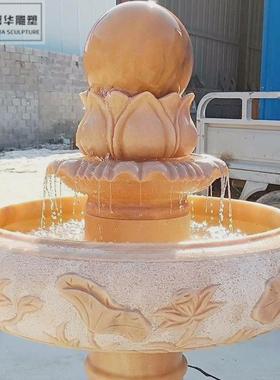 晚霞红石雕喷泉球大理石别墅户外庭院九龙流水摆件制作