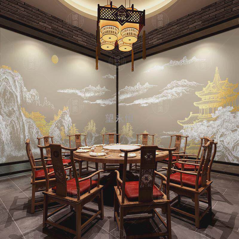 W網3W網3新中式饭店墙布金色山水壁画客厅茶室背景墙壁纸墙面卧室