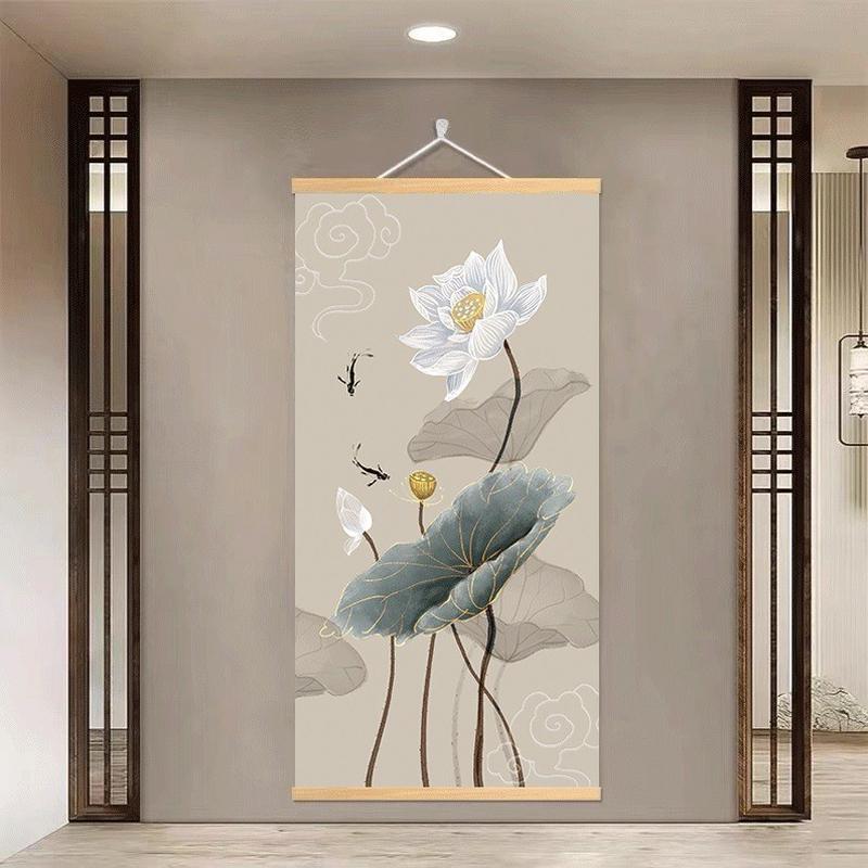 新中式荷花装饰画入户门玄关客厅装饰画挂布背景布布艺挂画遮挡画图片